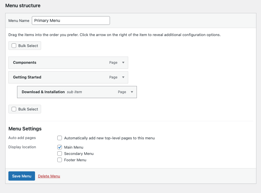 Screenshot of the WordPress menu configurator.